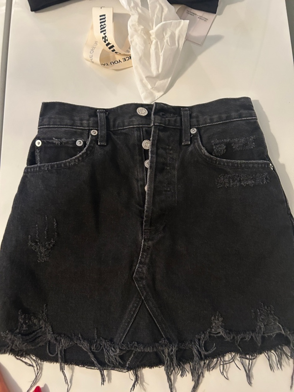 Agolde Black Distressed Denim Mini Skirt